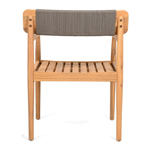 CREATIVE BRAIDED ACACIA WOOD OUTDOOR DINING CHAIRS WITH ARMRESTS, SUITABLE FOR OUTDOOR DINING AND LEISURE PLACES, TEAK LOOK & GREY ROPE,SET OF 2