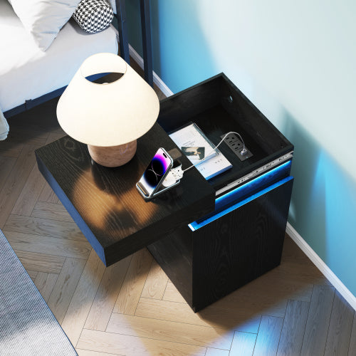 Modern Nightstand with LED Lighting and Charging Station, 3 Drawers