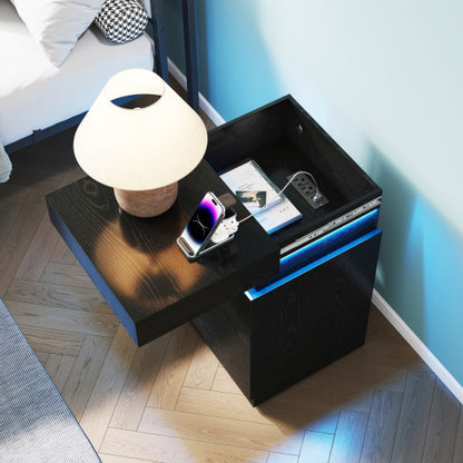 Modern Nightstand with LED Lighting and Charging Station, 3 Drawers