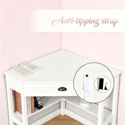 Triangle Corner Vanity Desk, Dressing Table with Drawer & 2 Shelves, 29.5 inch W, White