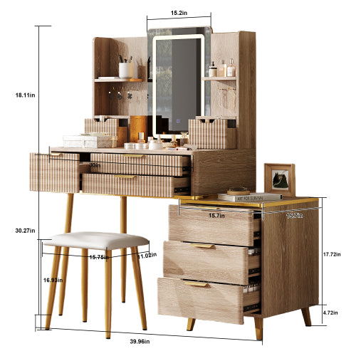 7-Drawer White Vanity Desk with LED Mirror & Carved Details, Fluted Makeup Table, Metal Legs, PU Stool & Jewelry Storage