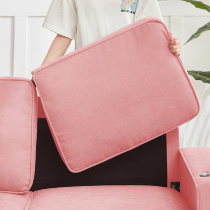 Pink 83.86-Inch Modern Compressed 3-Seater Snow-Fleece Sofa with Dual-Side Cup Holders