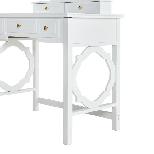 White Compact Vanity Table Set with Reversible Adjustable Mirror, 5 Drawer Storage & PU Cushioned Stool
