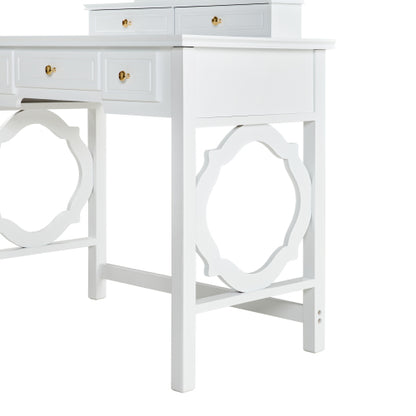White Compact Vanity Table Set with Reversible Adjustable Mirror, 5 Drawer Storage & PU Cushioned Stool