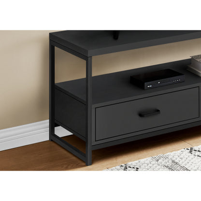 48 Inch Compact Black Metal Frame TV Stand with Dual Open Layers & 2 Storage Drawers