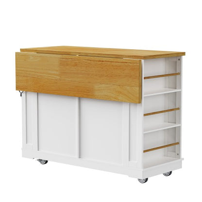 48inch Kitchen Island with 2 Bar Stools, Power Outlet, Door Internal Storage Rack, Kitchen Storage Cart on 5 Wheels with Drop Leaf, 5 Side Racks, 2 Drawers,White