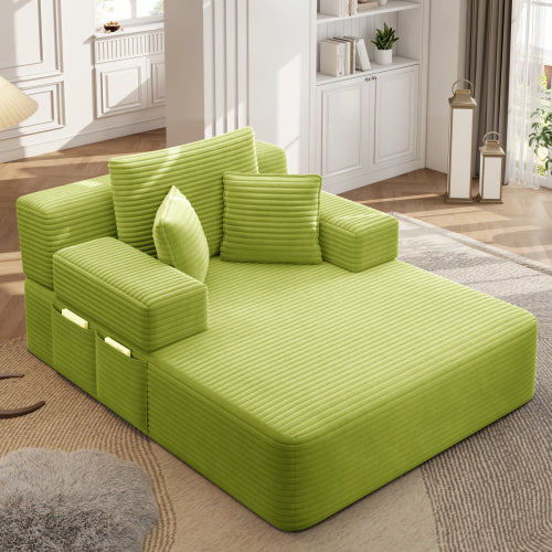 Green Oversized Plush Corduroy Chaise Lounge Convertible Sleeper Sofa-Bed w/Storage Pockets & 3 Pillows