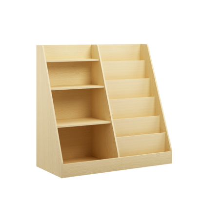 Natural Tone 4-Tier Kids MDF Bookshelf with Anti-Tip Kit, 2-Shelf 1-Bin Nursery Toy Storage Rack