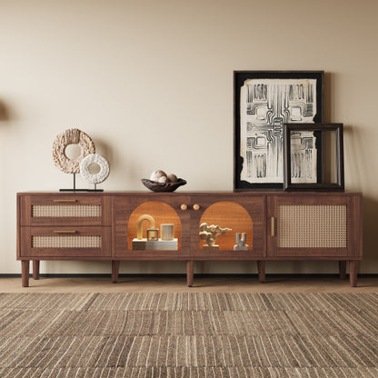 Rattan TV Stand with Drawers Glass Doors and LED Lights for 80 Inch TVs