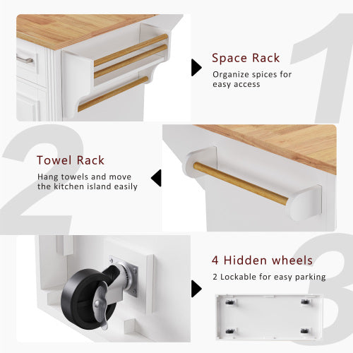 54 Inch Rolling Kitchen Island with Drop Leaf Drawers & Wheels White