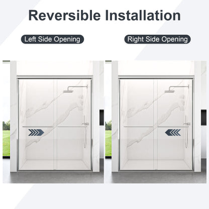 56"-60"W*72" H Semi-Frameless Double Sliding Shower Door, Bypass Shower Door, 1/4" (6mm) Thick SGCC Tempered Glass Door, Chrome