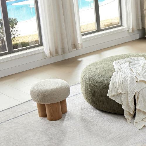 Beige Teddy Mushroom Ottoman, Walnut Finish Barrel Base Cute Foot Stool for Living Room Entryway