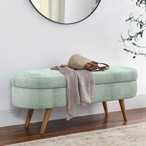 Ottoman Oval Storage Bench,Rubber Wood Legs, Gray (43.5inch x16inch x16inch ) Cyan