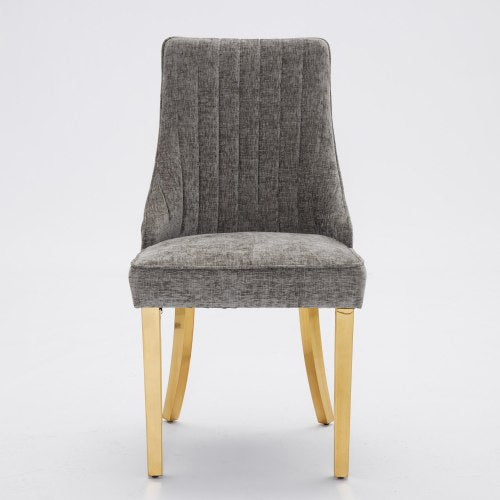 Set of 2 Gray Rayon Flocking Chenille Dining Chairs, High Back, Triple Elastic Cushion, Golden Plated Stainless Steel Legs