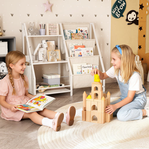 White Montessori Kids Bookshelf Wooden Fabric Combined Anti-Tip Toddler Nursery Book Toy Storage Rack