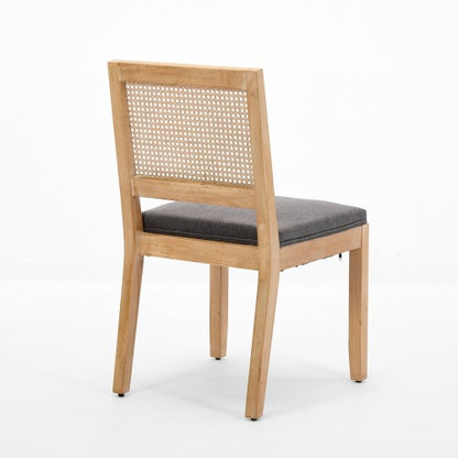 Set of 2 Gray Farmhouse Cane Rattan Dining Chairs, Solid Hardwood Frame Linen Upholstered Side Chairs 300 LBS Capacity