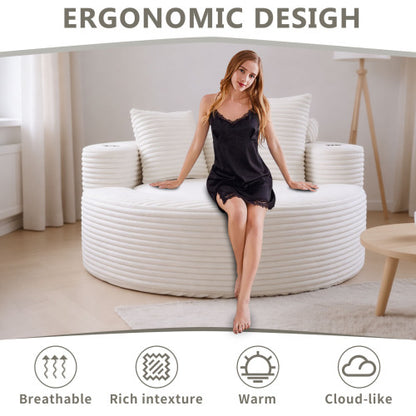 White Round Memory-Foam Sofa Bed with 3 Pillows & Cup Holder