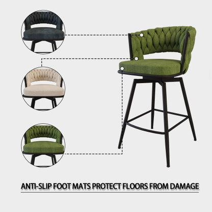 26inch Bar Chair Linen Woven Bar Stool Set of 2,Black legs Barstools No Adjustable Kitchen Island Chairs,360 Swivel Bar Stools Upholstered Bar Chair Counter Stool Arm Chairs with Back Footrest (Green)
