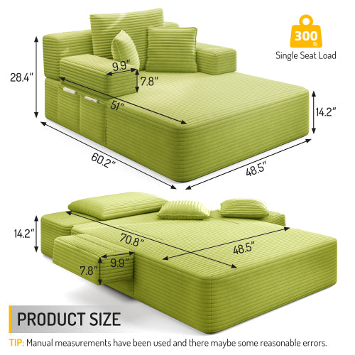 Green Oversized Plush Corduroy Chaise Lounge Convertible Sleeper Sofa-Bed w/Storage Pockets & 3 Pillows