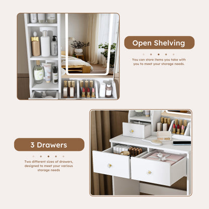 White Small Vanity Desk w/ 3-Color LED Mirror, 3 Drawers, Open Shelves, Power Outlet, Hair Dryer Holder & Chair