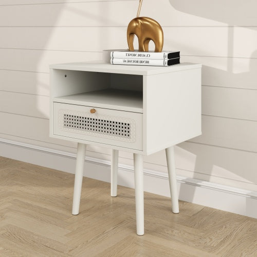 Cream White Dual-Tier Woven Nightstand