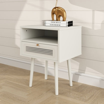 Cream White Dual-Tier Woven Nightstand