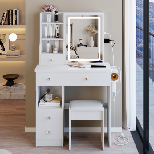 29.2inch  Small Size Left Drawer Desktop Vanity Table + Cushioned Stool, 2 AC+2 USB Power Station, Hair dryer bracket, Extra Large Touch Control Sliding LED Mirror, Tri-color Switching, Brightness Adjust
