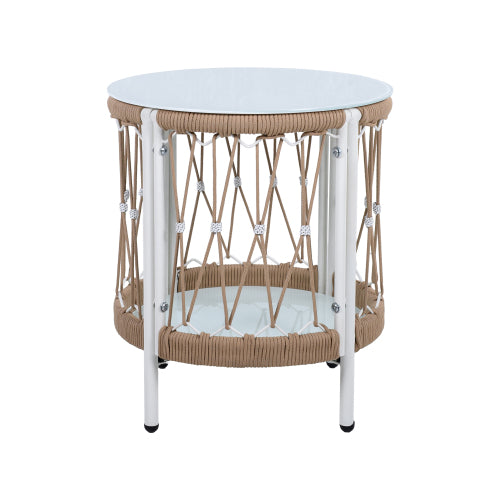 17.32" Bohemian Garden Accent Outdoor Side Table - Handwoven Rope with Powder-Coated Steel Frame, Glass Top, Small Patio End Table for Drinks, Plants