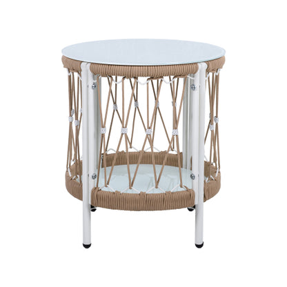 17.32" Bohemian Garden Accent Outdoor Side Table - Handwoven Rope with Powder-Coated Steel Frame, Glass Top, Small Patio End Table for Drinks, Plants