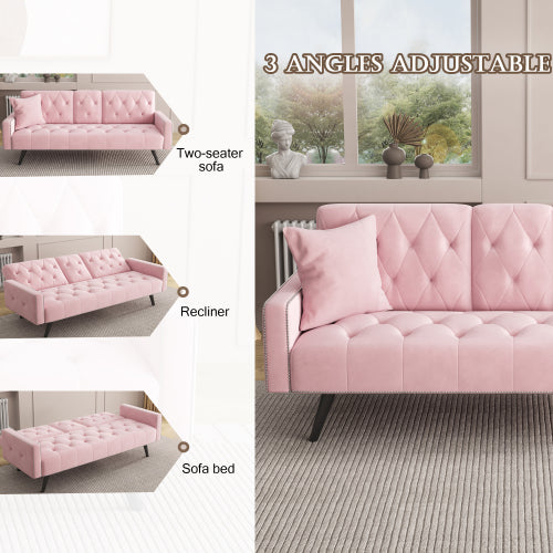 72-Inch Pink Velvet Convertible Sofa-Bed with Nail-Head Trim Dual Cup-Holders for Small-Space Living-Room