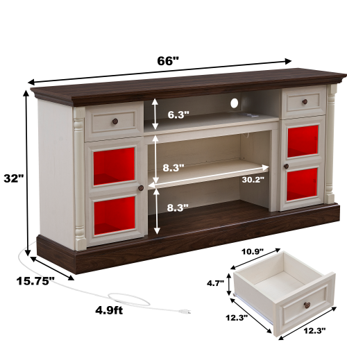 70 Inch Farmhouse Roman Column TV Stand with LED Lights for 80 Inch Large TV