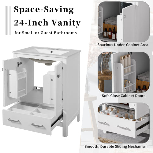 24-inch bathroom vanity with integrated undermount basin and a storage cabinet featuring 2 doors and 1 drawer. Includes double-layer door shelf, soft-close design, and versatile storage solutions