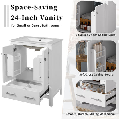24-inch bathroom vanity with integrated undermount basin and a storage cabinet featuring 2 doors and 1 drawer. Includes double-layer door shelf, soft-close design, and versatile storage solutions