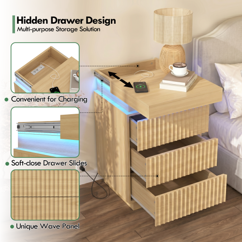 2 Pack Natural Nightstand, Sliding Top Charging Station & RGB LED with Fluted Drawers