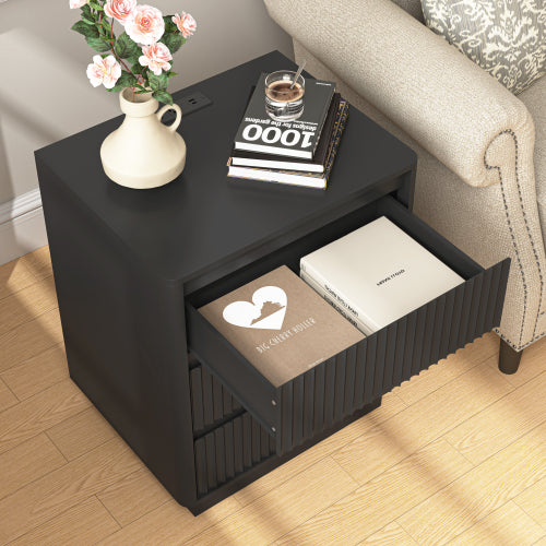 Set of 2 End Tables with USB C Charging Station, 3-Drawer Storage Side Table for Living Room