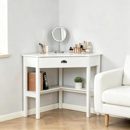 Triangle Corner Vanity Desk, Dressing Table with Drawer & 2 Shelves, 29.5 inch W, White
