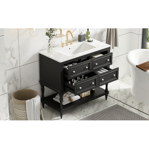 36" Bathroom Vanity Cabinet with Sink Combo Set, Undermount Ceramic Sink, Free Standing Vanity Set with 4 Drawers, Solid Wood Frame Bathroom Cabinet, Black