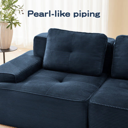 82 inch  Blue Corduroy L-Shape Modular Sofa, Movable Ottoman, No Assembly