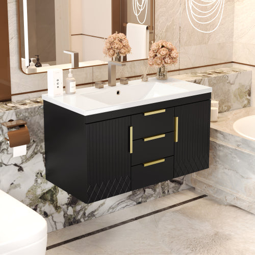 36'' Wall Mounted Bathroom Vanity with Resin Sink, Floating Bathroom Storage Cabinet with 2 Drawers, Solid Wood Bathroom Cabinet (Same as N710S236003B)