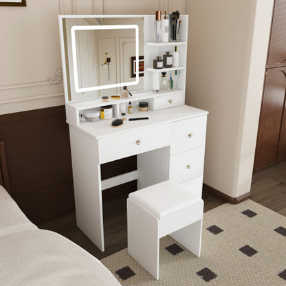 Fashion Vanity Desk w/ 3-Color Dimmable LED Mirror, 4 Silent Sliding Drawers, Open Storage Shelf, White