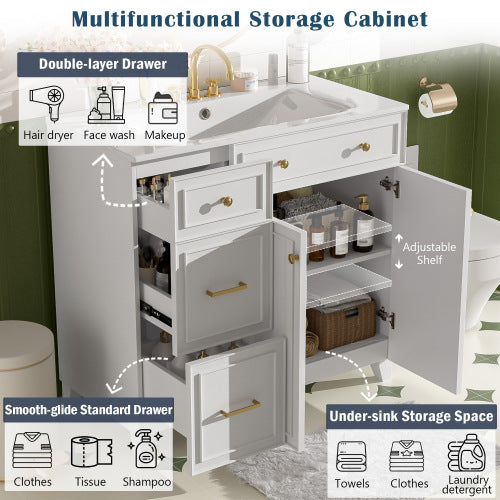 36" Bathroom Vanity with Ceramic Sink, Standard and Double-Layer Drawers, Soft Close Doors, Adjustable Shelves, Modern Storage Cabinet for Small and Medium Bathrooms