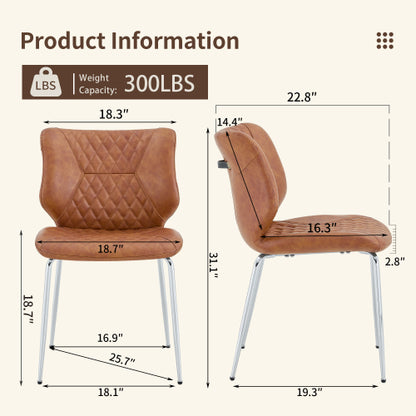 Set of 2 Brown Crazy Horse Oil Wax Leather Dining Chairs, Electroplated Metal Leg Diamond Tuft High Back Chairs
