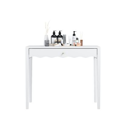 White 35.43inch  Vanity Desk with Drawer ¨C Modern Makeup Table with Scalloped Front & Gold Knob, Compact Writing Desk with 4 Sturdy Legs for Bedroom, Small Home Office & Apartment Spaces