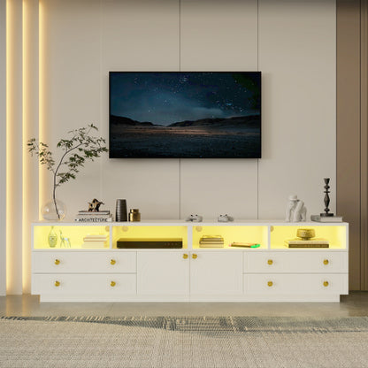 White High Gloss TV Stand for 100 Inch Wall TV with RGB LED Lights & Multi Storage