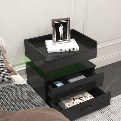 LED Nightstand with Remote Control Light, 2 Sliding Drawers Multi-Functional Side Table