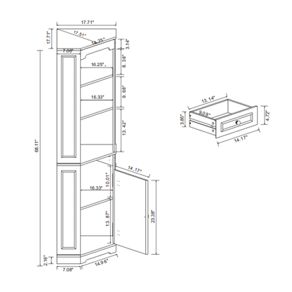 68" Tall Corner Cabinet, Freestanding Corner Storage Cabinet with 1 Door, 1 drawer and a Adjustable Shelf, Farmhouse Bar Storage Cabinet for Living Room, Dining room, Kitchen, Bathroom-Antique White