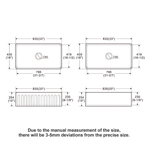 White Kitchen Sink - 33 x 18 x 10 inch White Porcelain Ceramic Single Bowl Reversible Design Kitchen Sink