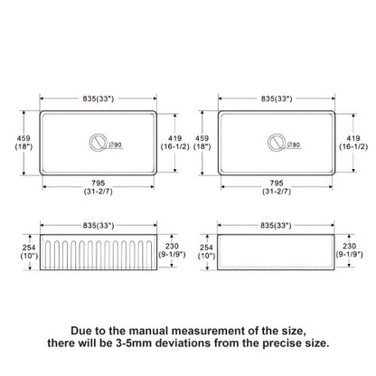 White Kitchen Sink - 33 x 18 x 10 inch White Porcelain Ceramic Single Bowl Reversible Design Kitchen Sink