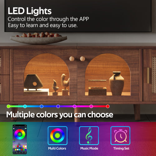 70.8 inch Dark Brown App Control LED Rattan TV Stand Glass Storage For 80 Inch TV