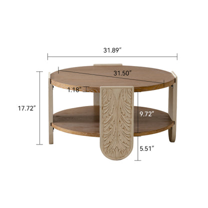 Carved Wooden Coffee Table Double Layer Storage Vintage Retro Accent Side Table